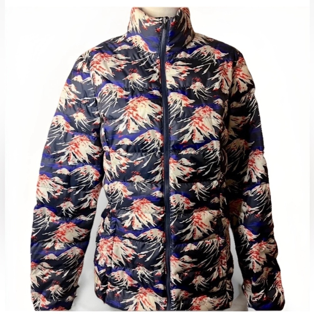 Eddie Bauer Down Jacket Puffer Print Mountain Graphic XS Small Blue White‎ Ski